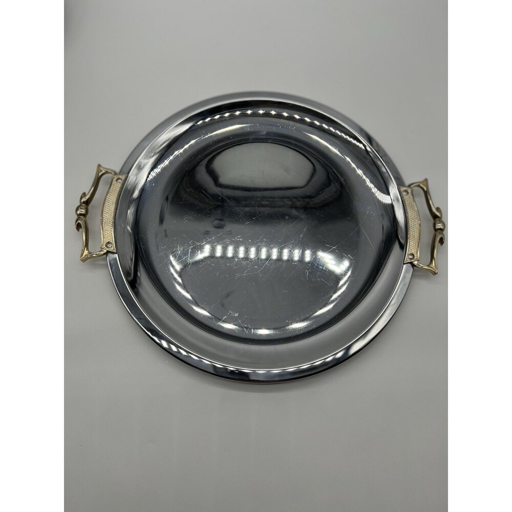 Vintage Kromex Round Serving Tray Gold Handle Chrome Plated Platter  13"